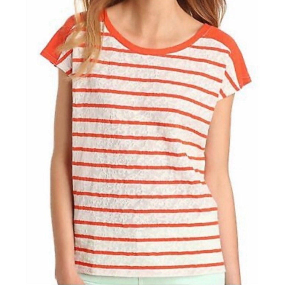 Lucky Brand Orange & White Seanna Striped Lace Dolman Top Size Medium